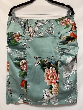 Kate Kasin Mint Green Vivid Floral Knee-length Skirt Sz XL Ruched Sides Stretch